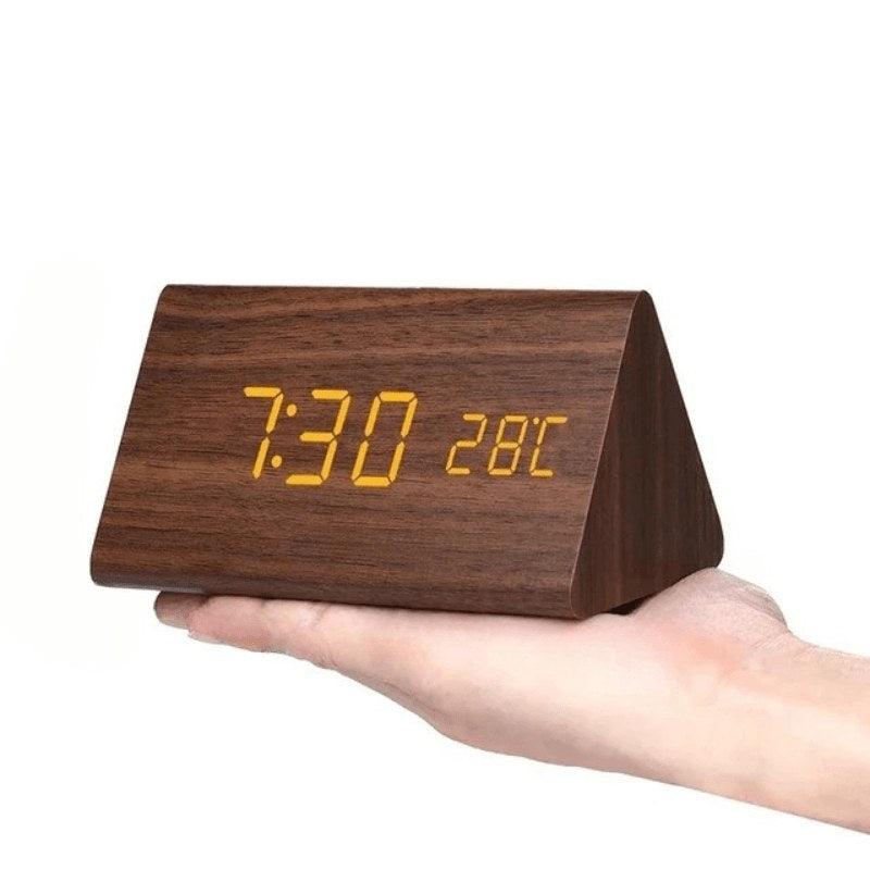 Wooden LED desk clock, brown triangle