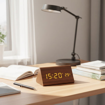 Wooden LED clock on a desk