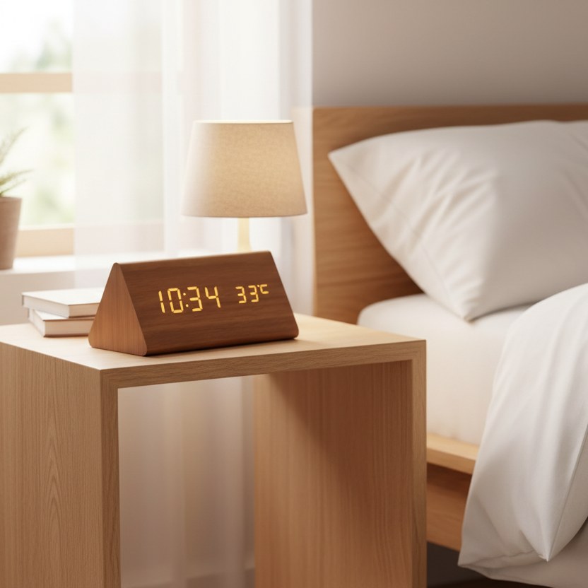 Wooden LED clock on a bedside table