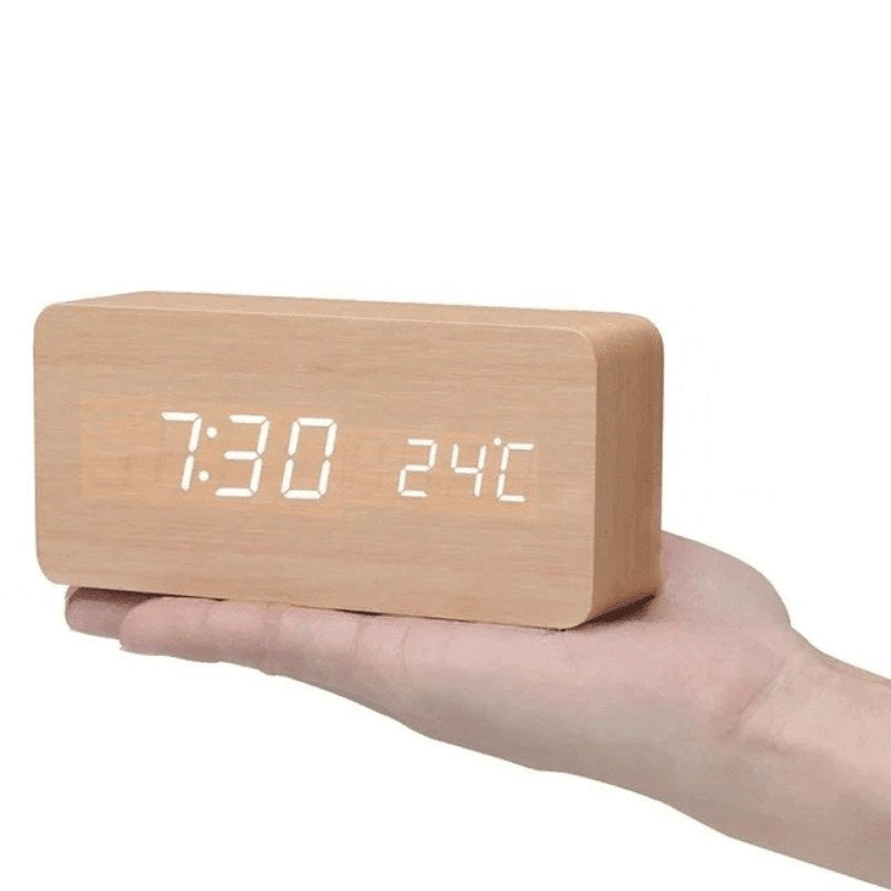 Wooden LED desk clock, natural cube