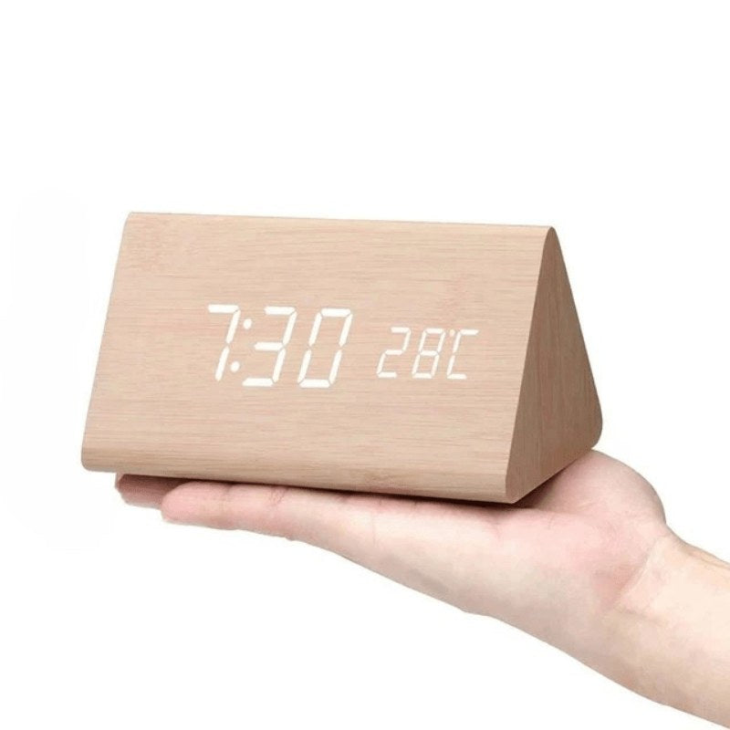Wooden LED desk clock, natural triangle