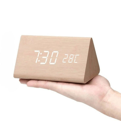 Wooden LED desk clock, natural triangle