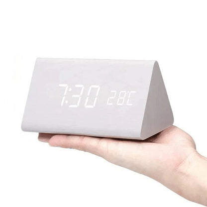 Wooden LED desk clock, white triangle