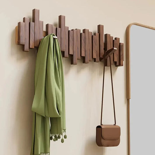 Wooden Wall Coat Rack with Foldable Hooks, Solid Wood 2