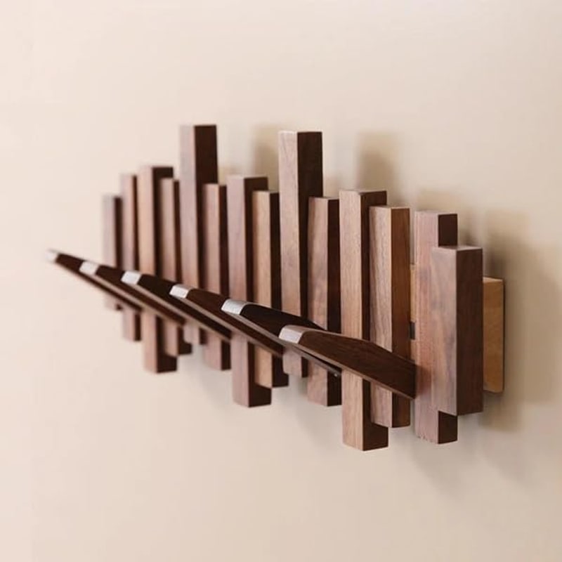 Wooden Wall Coat Rack with Foldable Hooks, Solid Wood 4