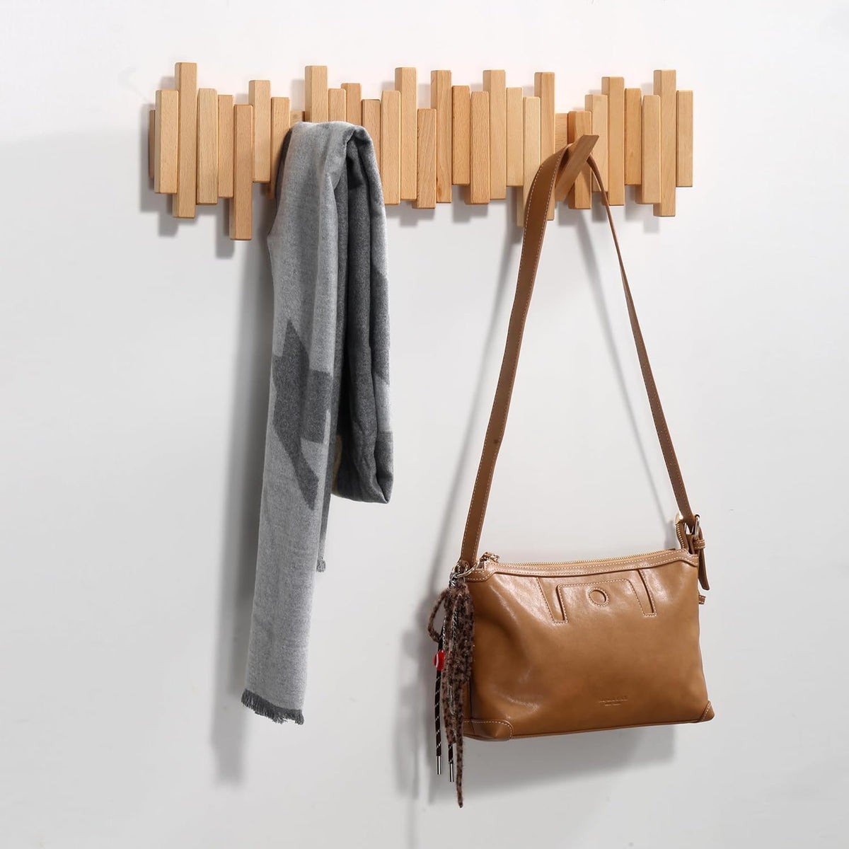 Wooden Wall Coat Rack with Foldable Hooks, Solid Wood 6