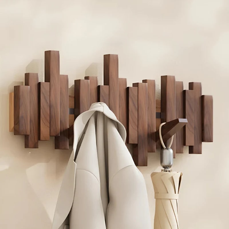 Wooden Wall Coat Rack with Foldable Hooks, Solid Wood 7