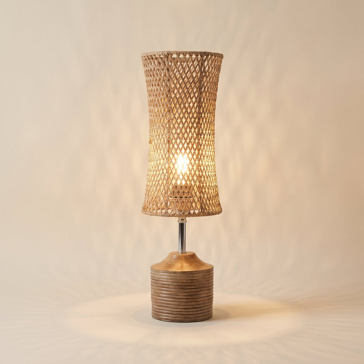 Woven fibre table lamp with wood-effect base