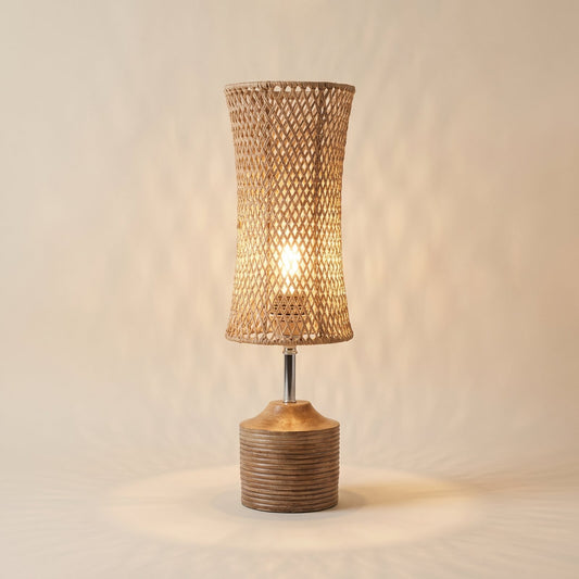 Woven fibre table lamp with wood-effect base
