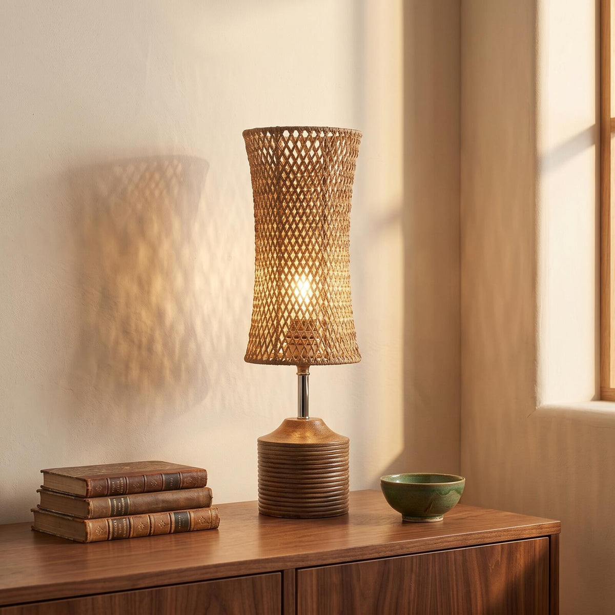 Woven fibre table lamp lit on a walnut sideboard in a reading corner