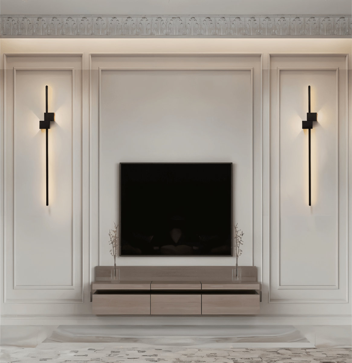 Slim linear LED wall light mounted above a seating area
