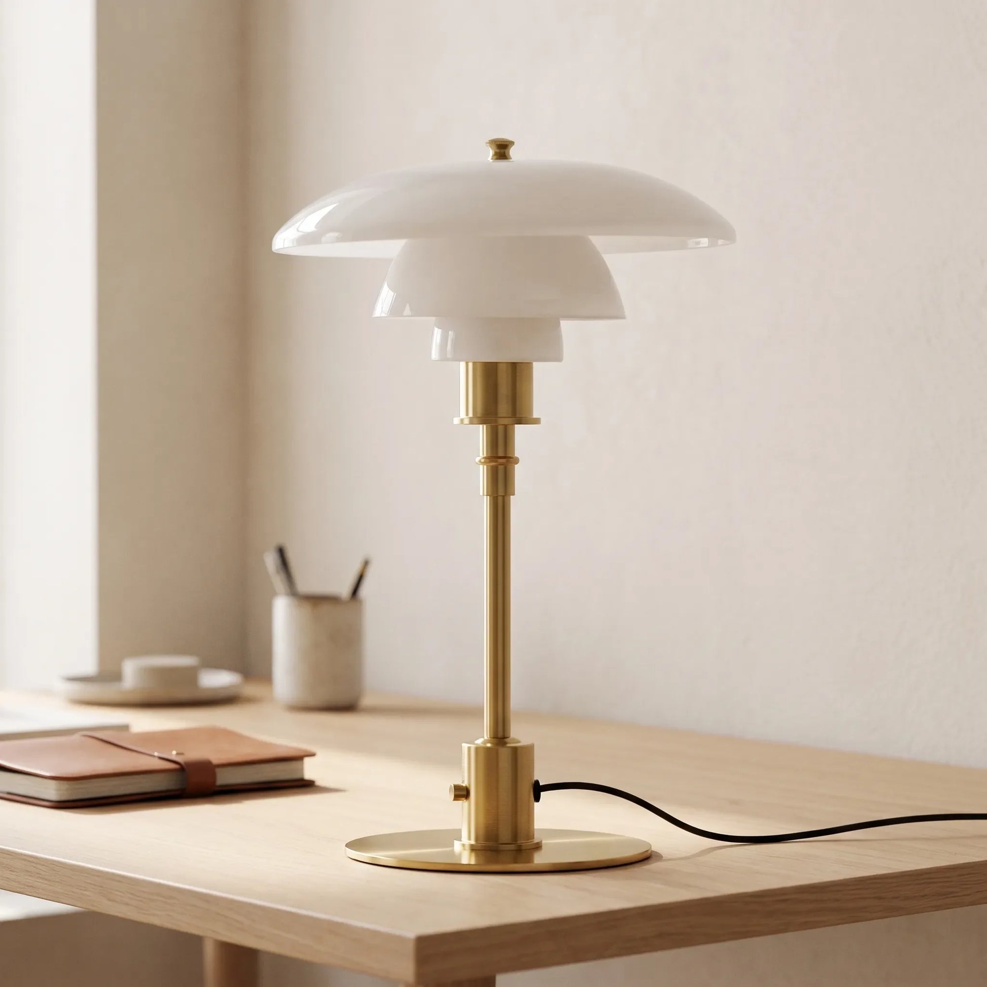 Tiered shade bedside table lamp on a nightstand