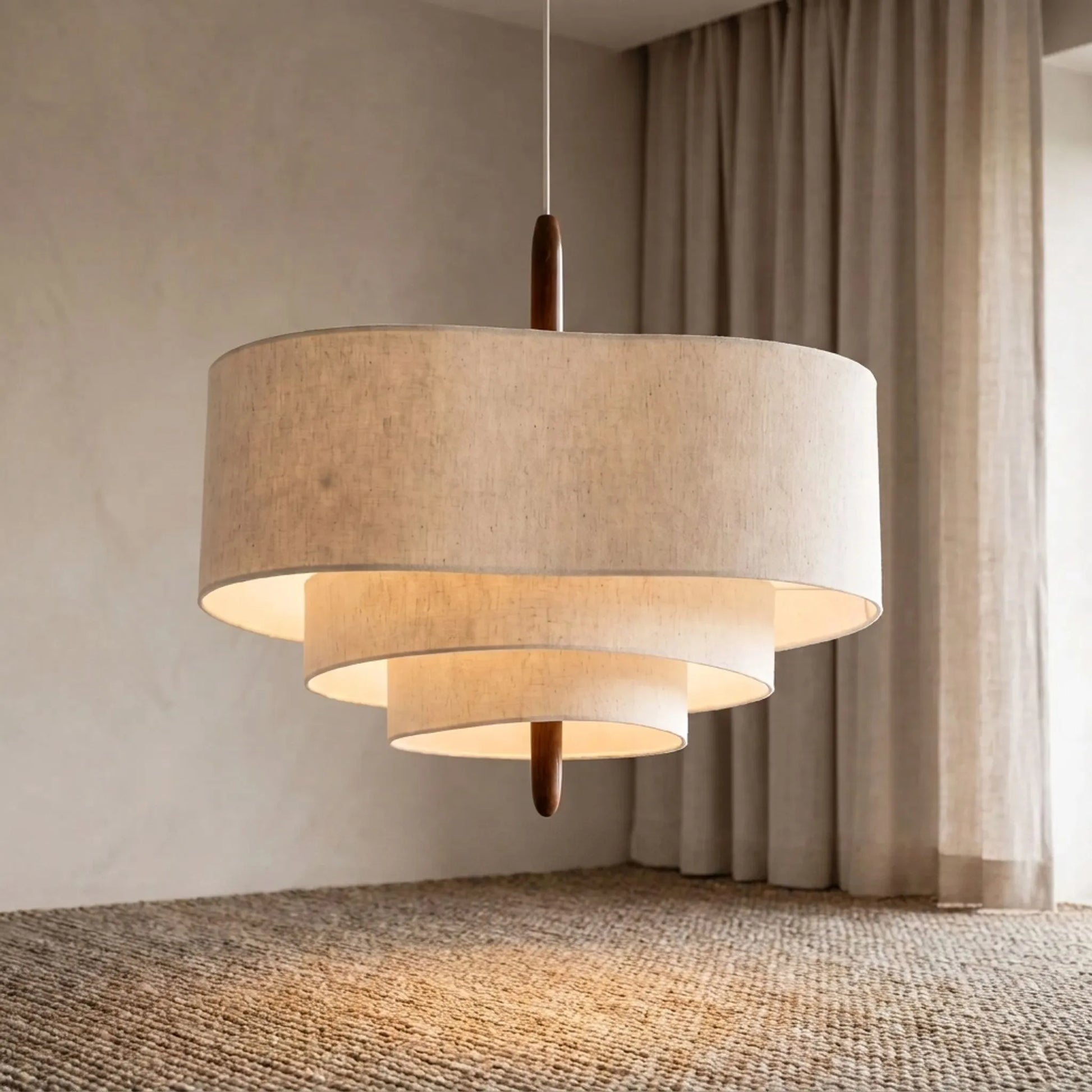 Tiered woven pendant light hanging in a living room with linen curtains