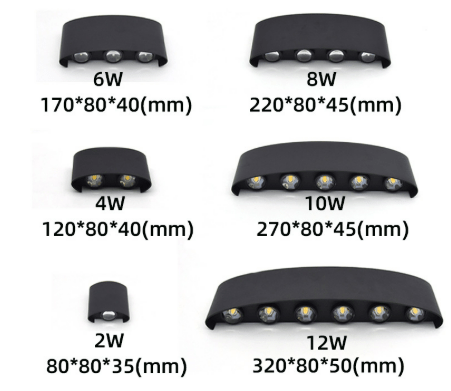 Detail view showing the four housing sizes of the outdoor wall light