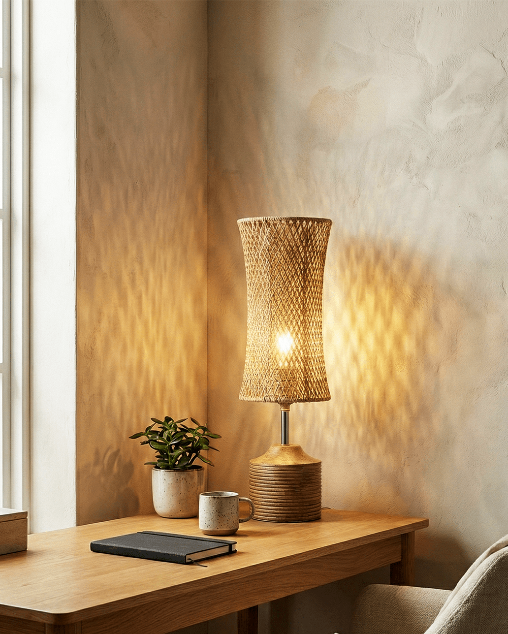 Woven fibre table lamp, fourth view