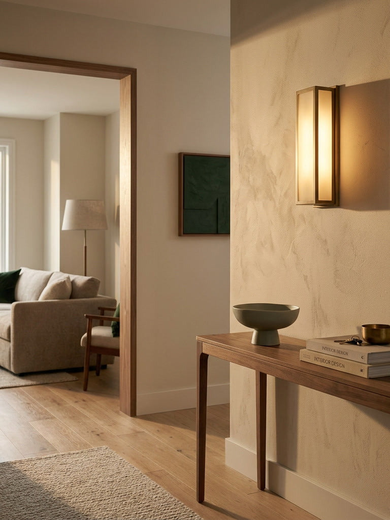 A brass-framed wall sconce glowing in a warm hallway