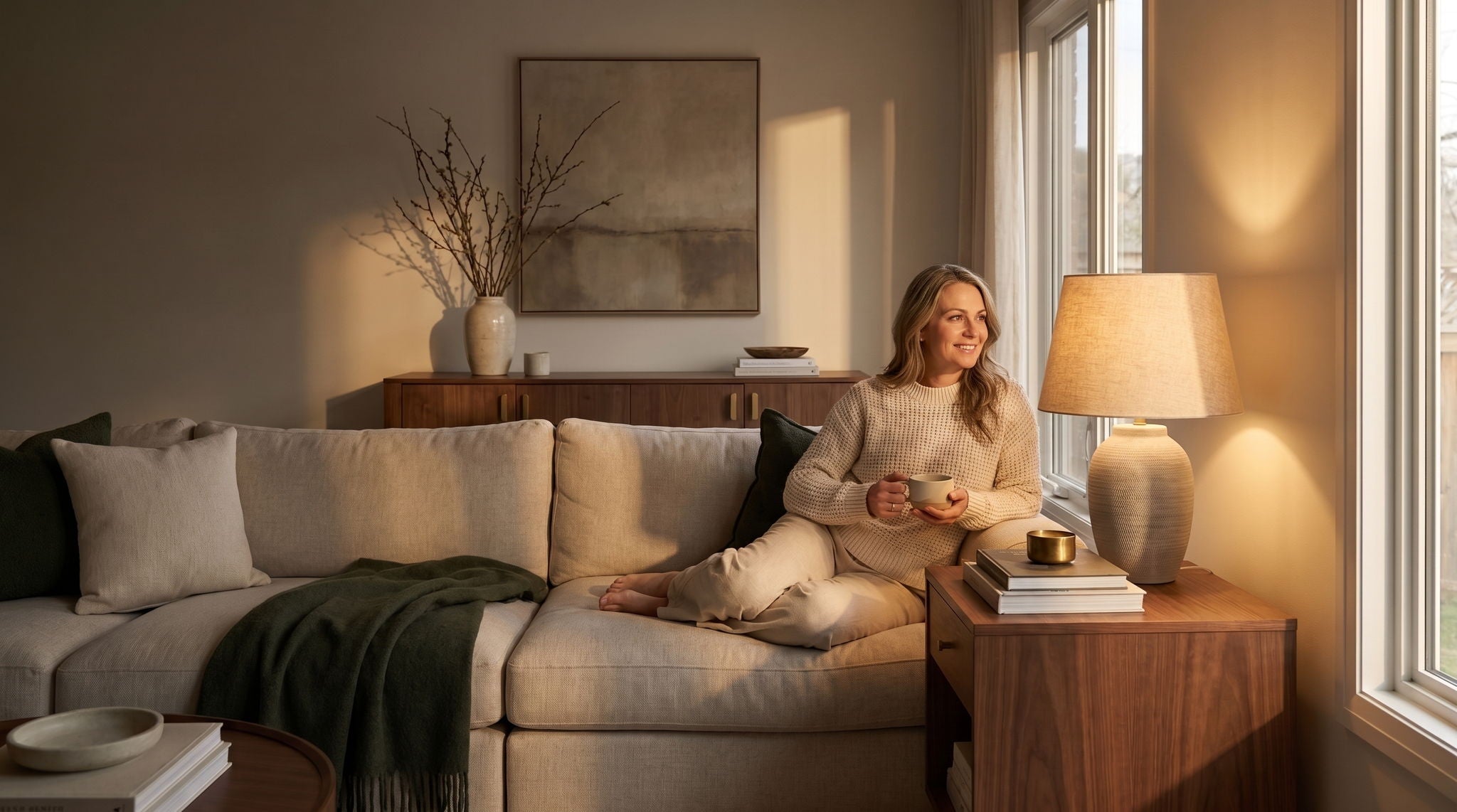 A warm table lamp lit beside a window in a Canadian living room at dusk