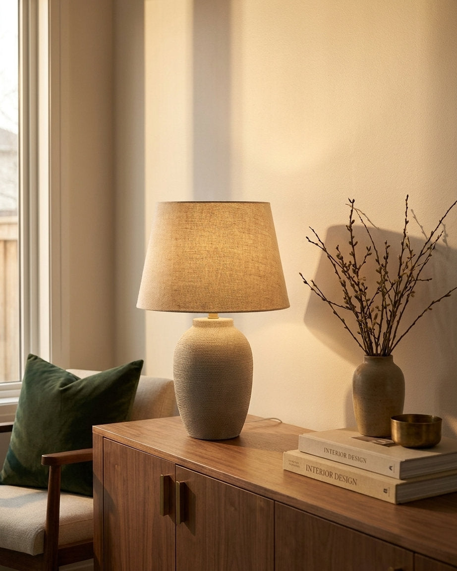 A ribbed ceramic table lamp lit on a walnut sideboard